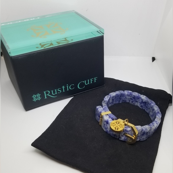 RUSTIC CUFF CHARAY GOLD SODALITE STONE BELT STYLE STRETCH BRACELET WITH BOX NWOT - Picture 1 of 8